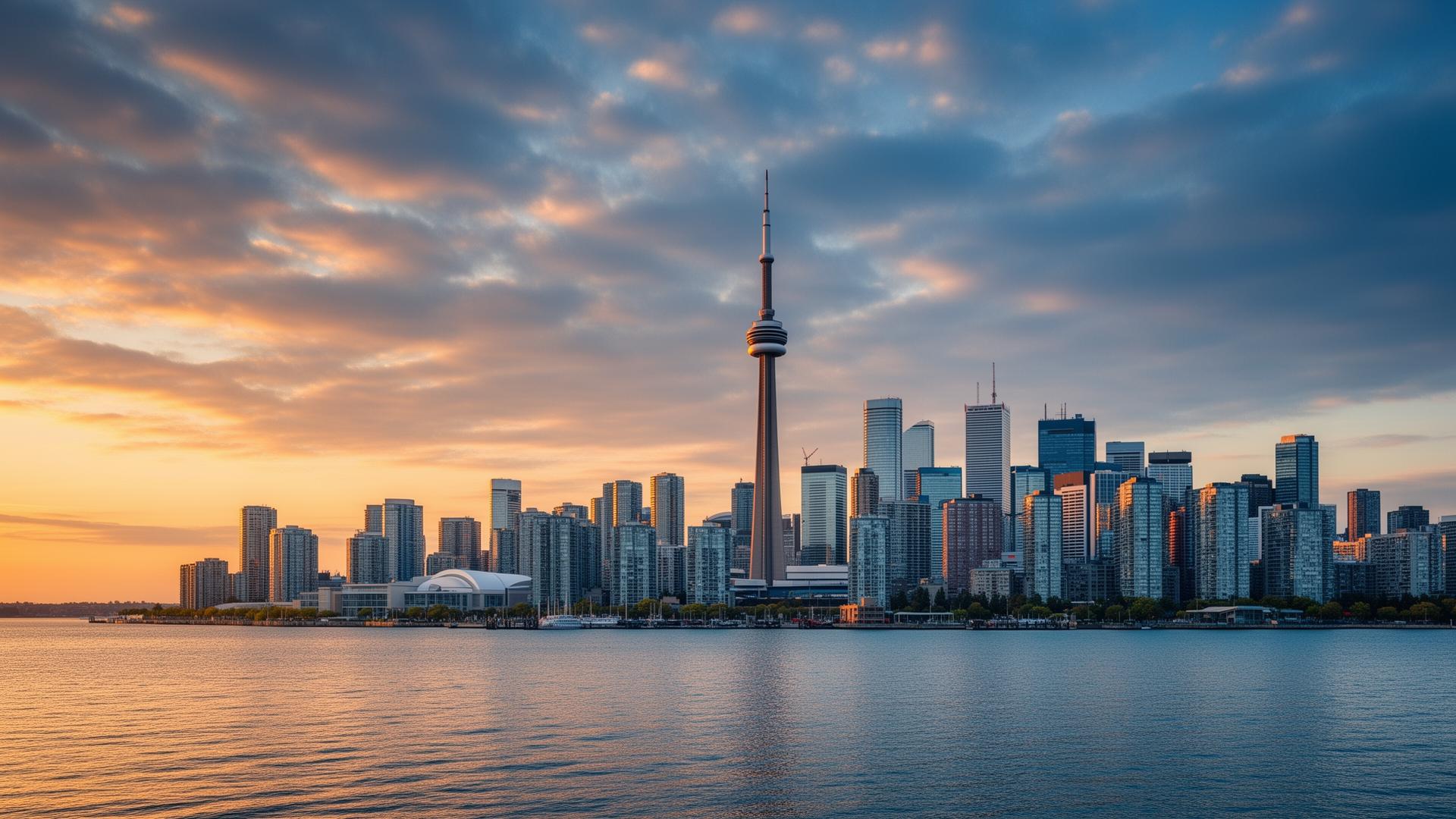Toronto skyline at golden hour with CN Tower over Lake Ontario